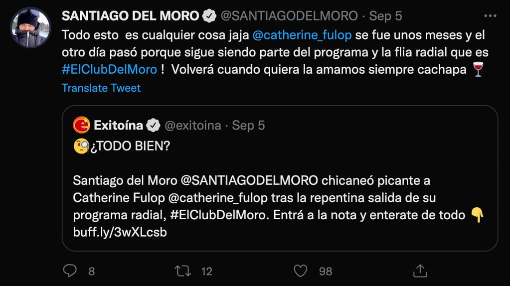 El tuit de Santiago del Moro hablando de su relación con Catherine Fulop.