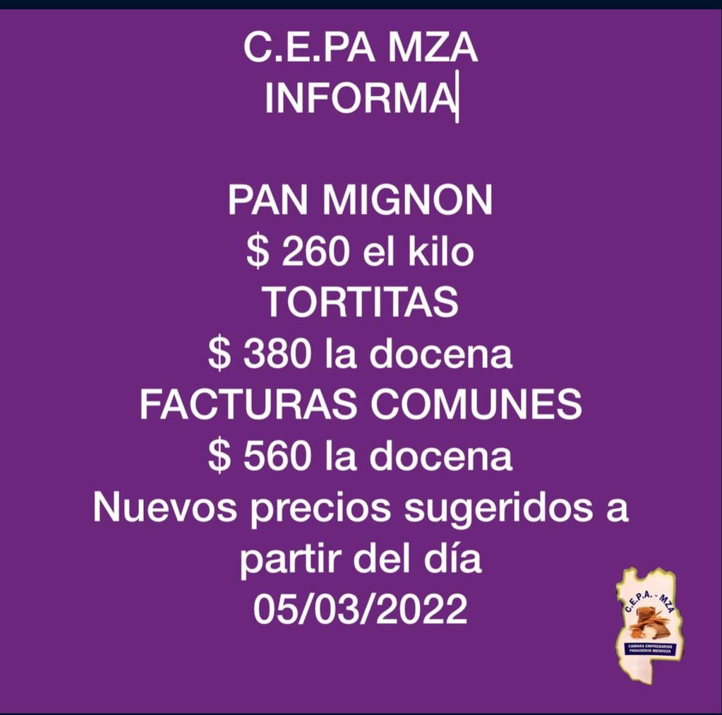 La nueva lista de precios para los panificados en Mendoza. Vigente desde el 5 de marzo de 2022.
