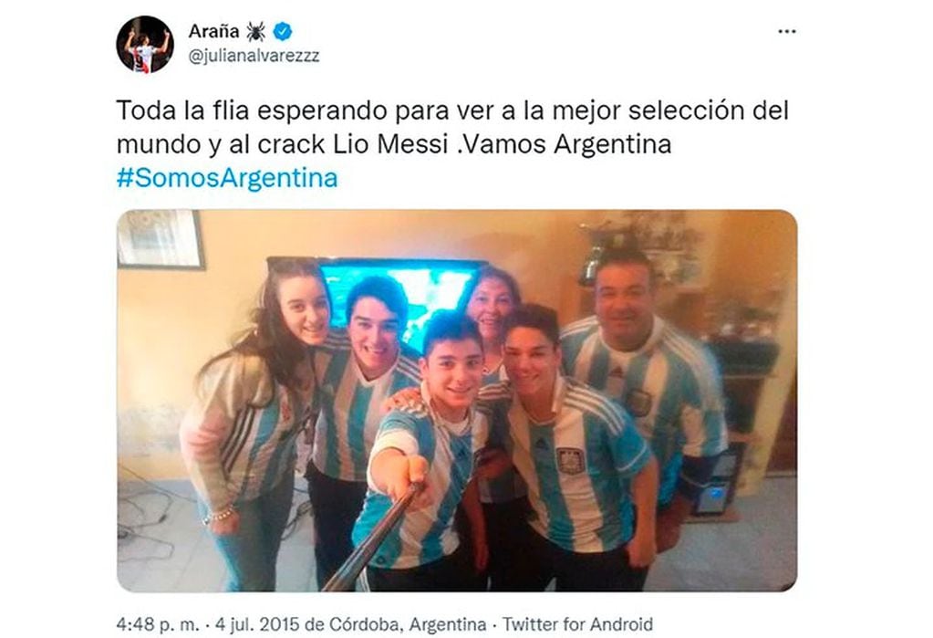 Tuit antiguo de Álvarez alentando a la Selección argentina / Gentileza