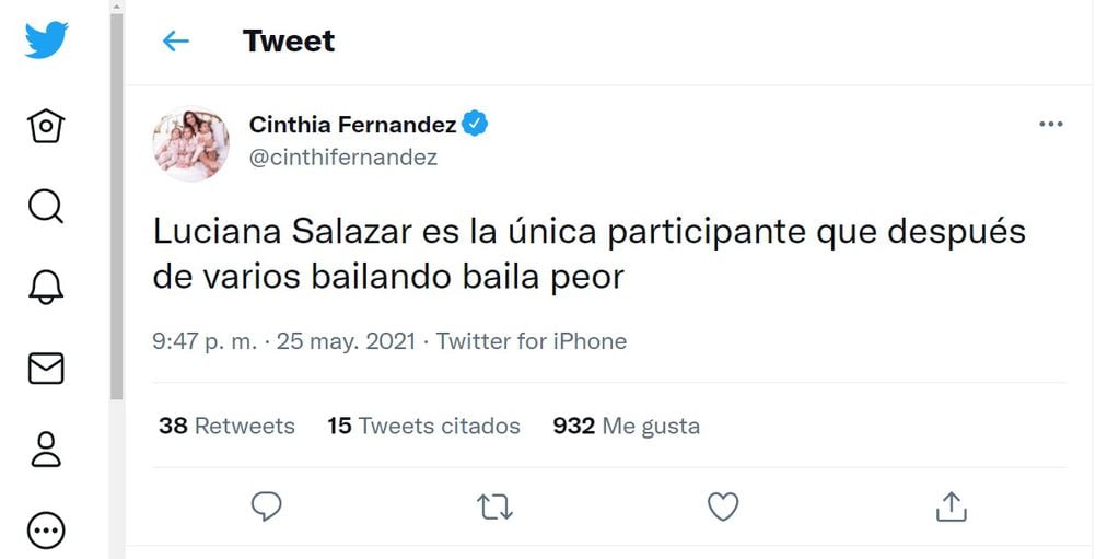 El tweet de Cinthia Fernández contra Luciana Salazar.