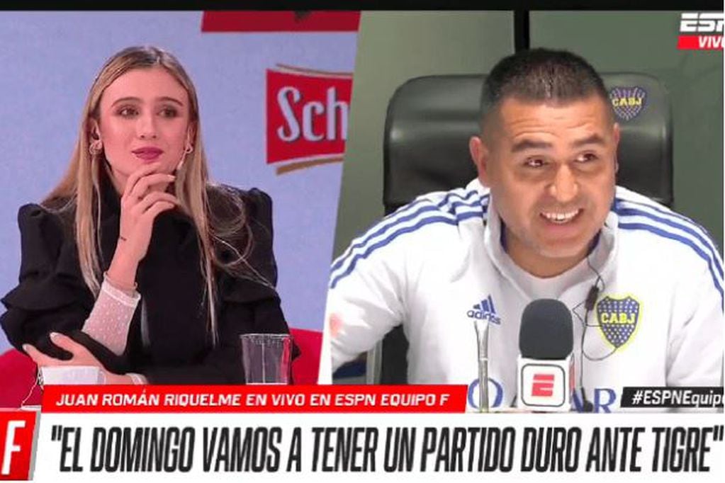 El cruce futbolero entre Morena Beltrán y Juan Román Riquelme en ESPN. / TV