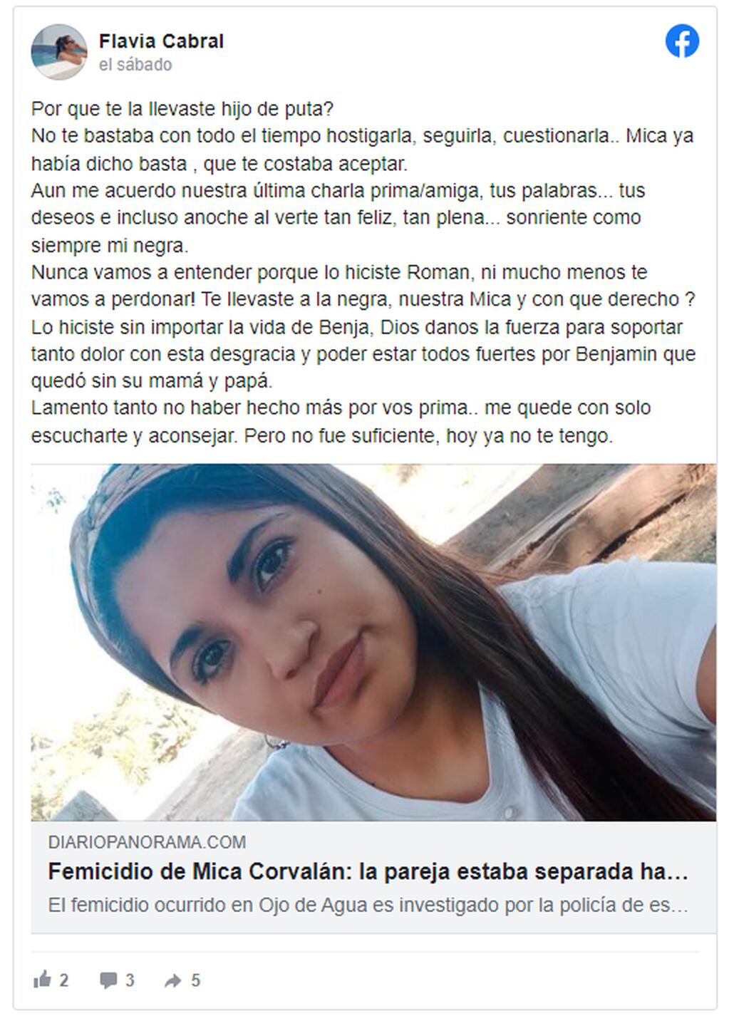 Posteo de una allegada a Micaela, tras conocerse el femicidio. Foto: Facebook/Flavia Cabral