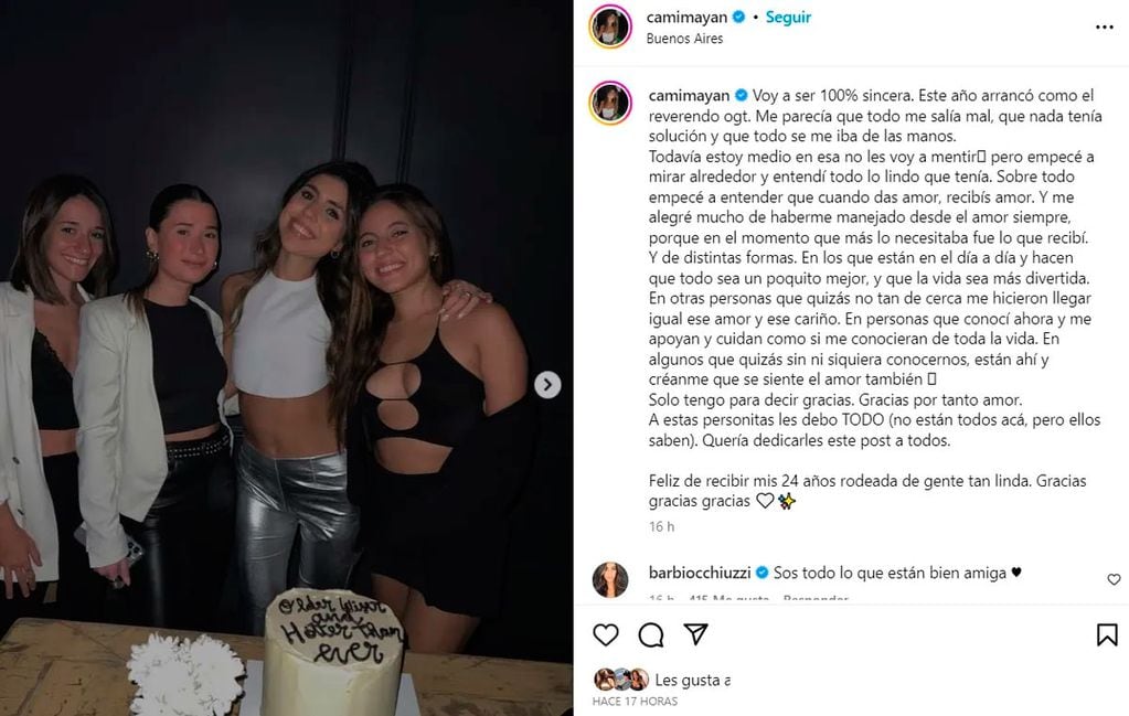 Camila Mayan escribió un mensaje por su cumpleaños (Captura de pantalla).