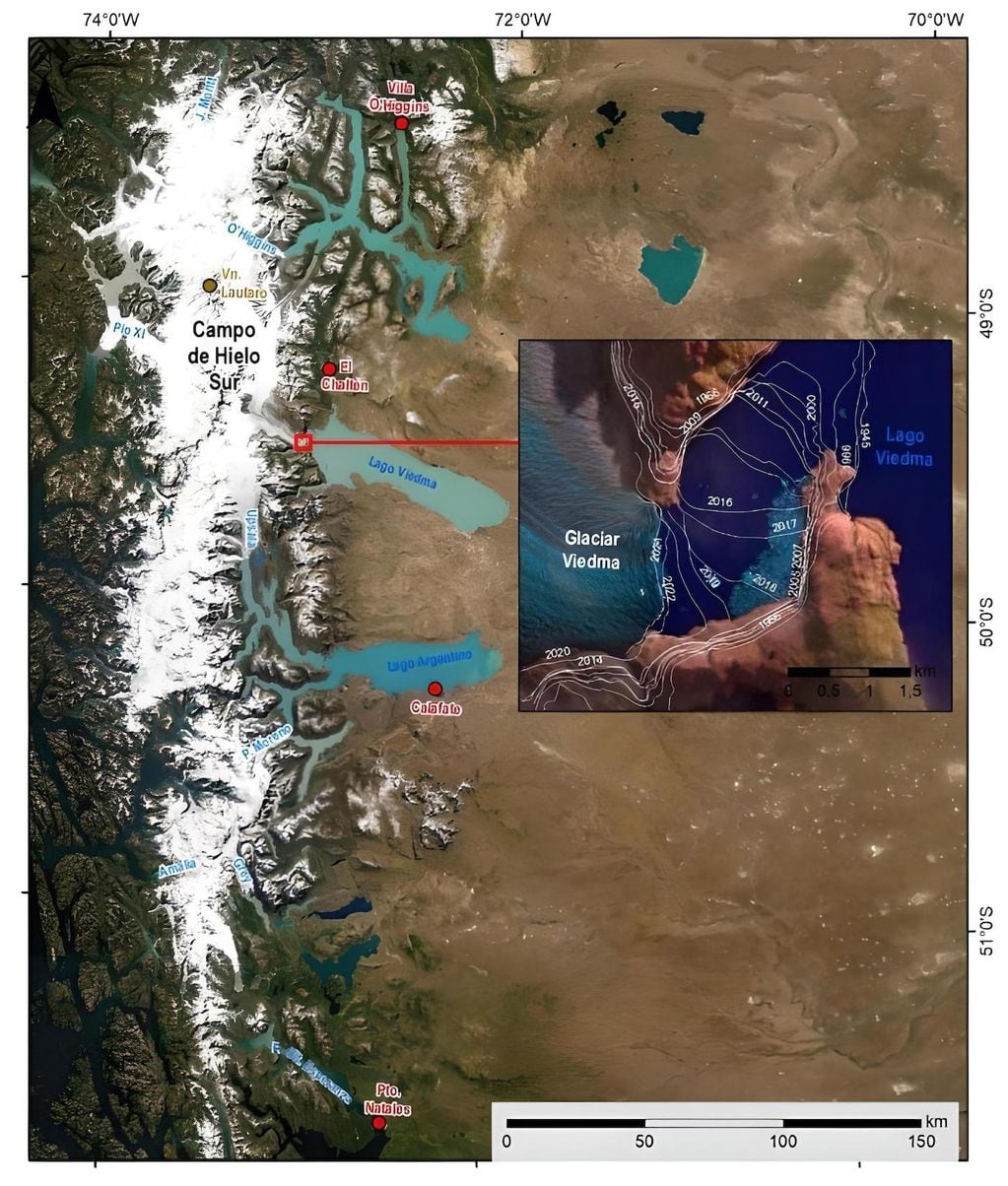 Mapa de ubicación relativa de la Patagonia austral con detalle en el glaciar Viedma y sus cambios frontales recientes.