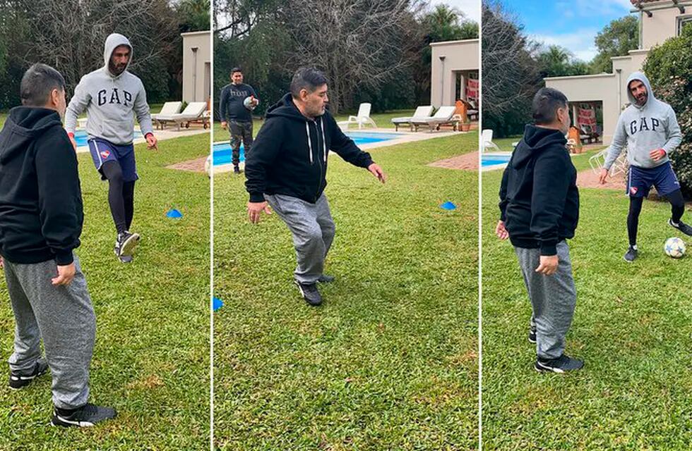 El 10 jugando al fútbol tenis con su preparador físico personal. Maradona  ha disminuido el consumo de alcohol y con una dieta balanceada, ha bajado 5 kilos. / Gentileza.