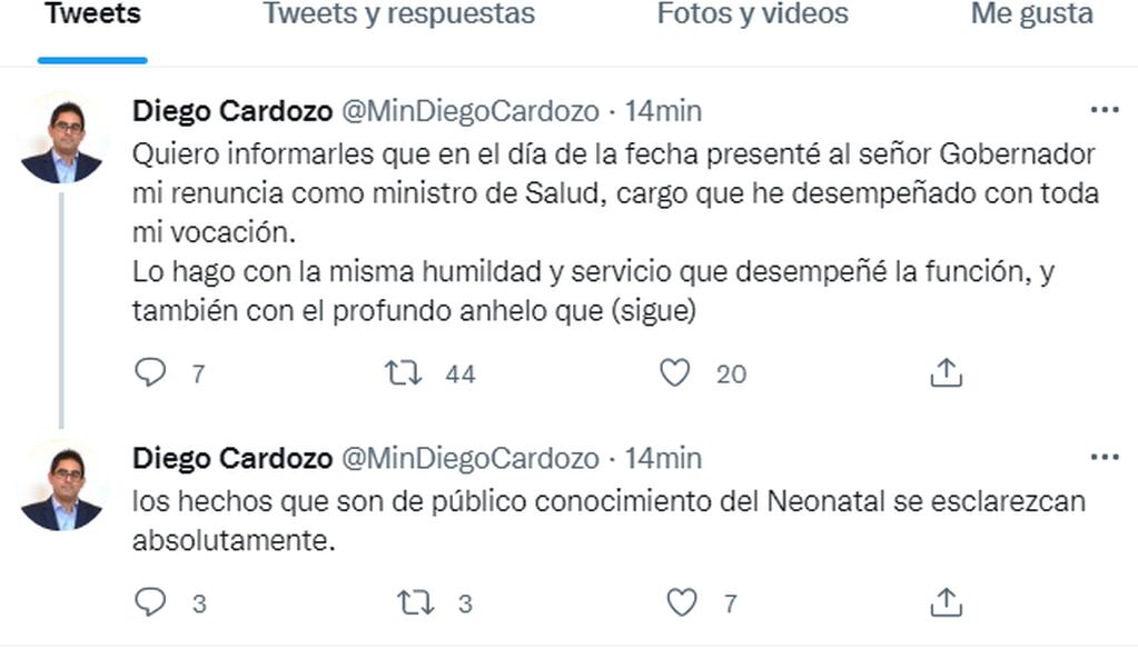 Tuit de Diego Cardozo, quien renunció como ministro de Salud de Córdoba