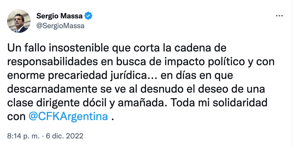 Sergio Massa mostró su apoyo a Cristina Kirchner tras la condena por corrupción.