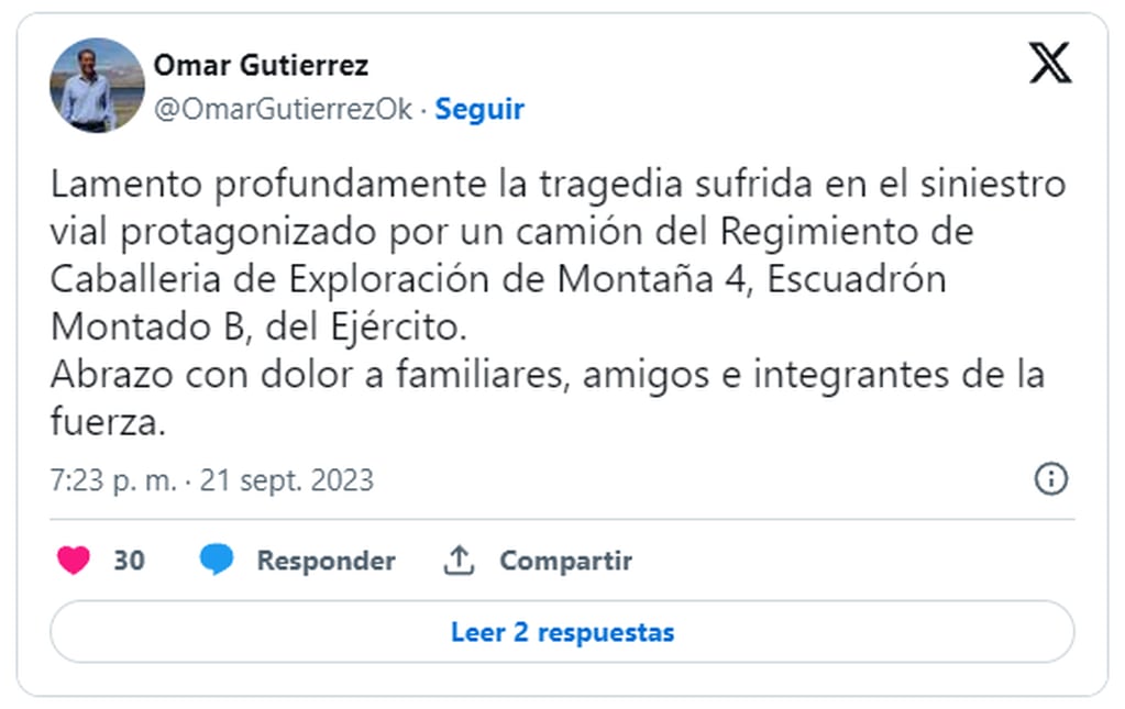 El comunicado del gobernador de Neuquén. Foto: X / @OmarGutierrezOk