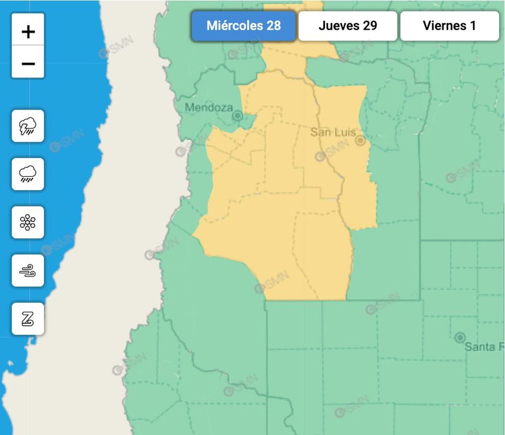 Servicio Meteorológico Nacional lanzó una alerta amarilla por tormentas en Mendoza.