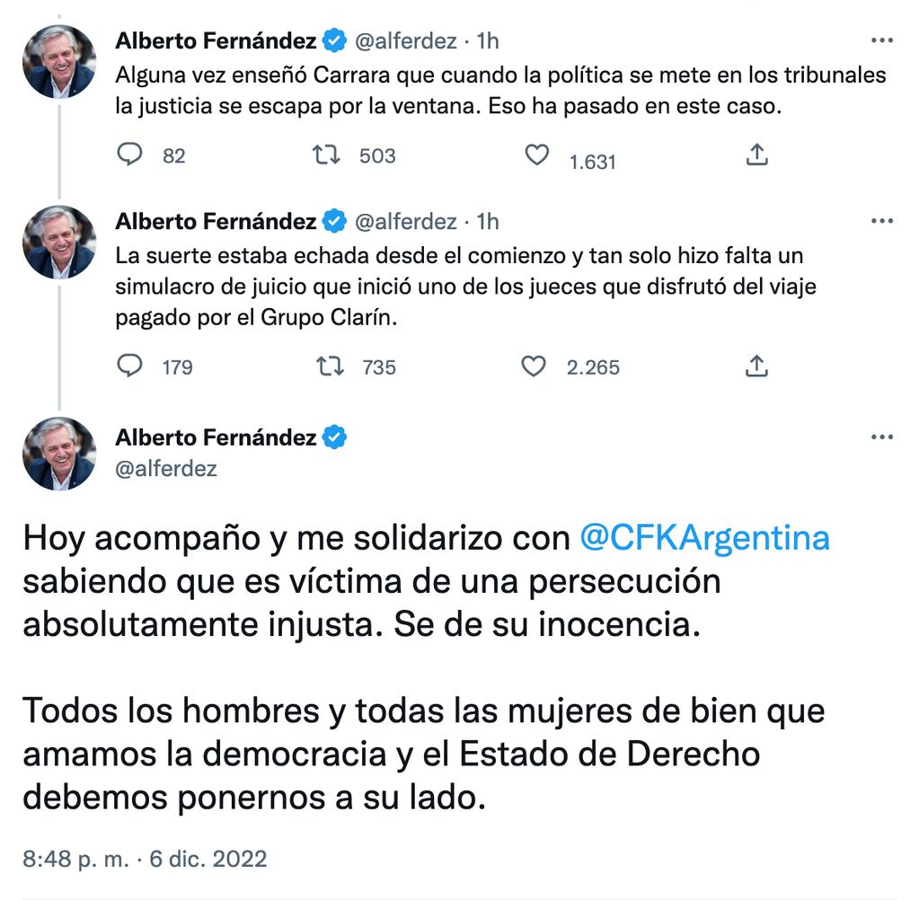 Mensaje del presidente Alberto Fernández tras la conde a Cristina Kirchner. Fuente: Twitter