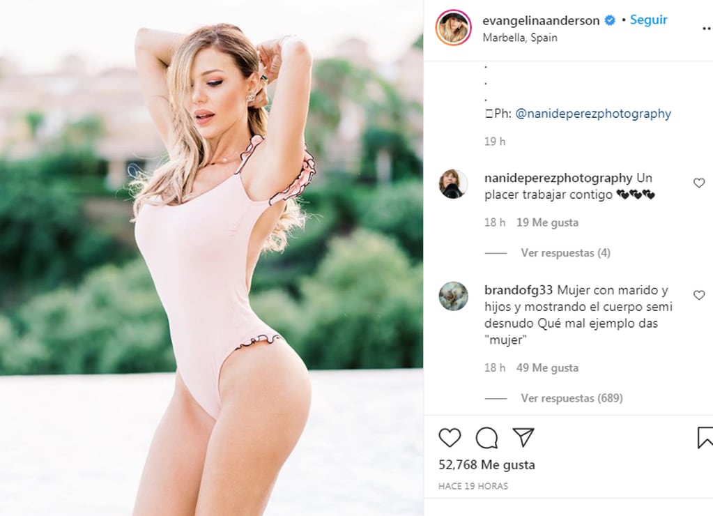 La usuaria de Instagram comentó la foto de Evangelina Anderson