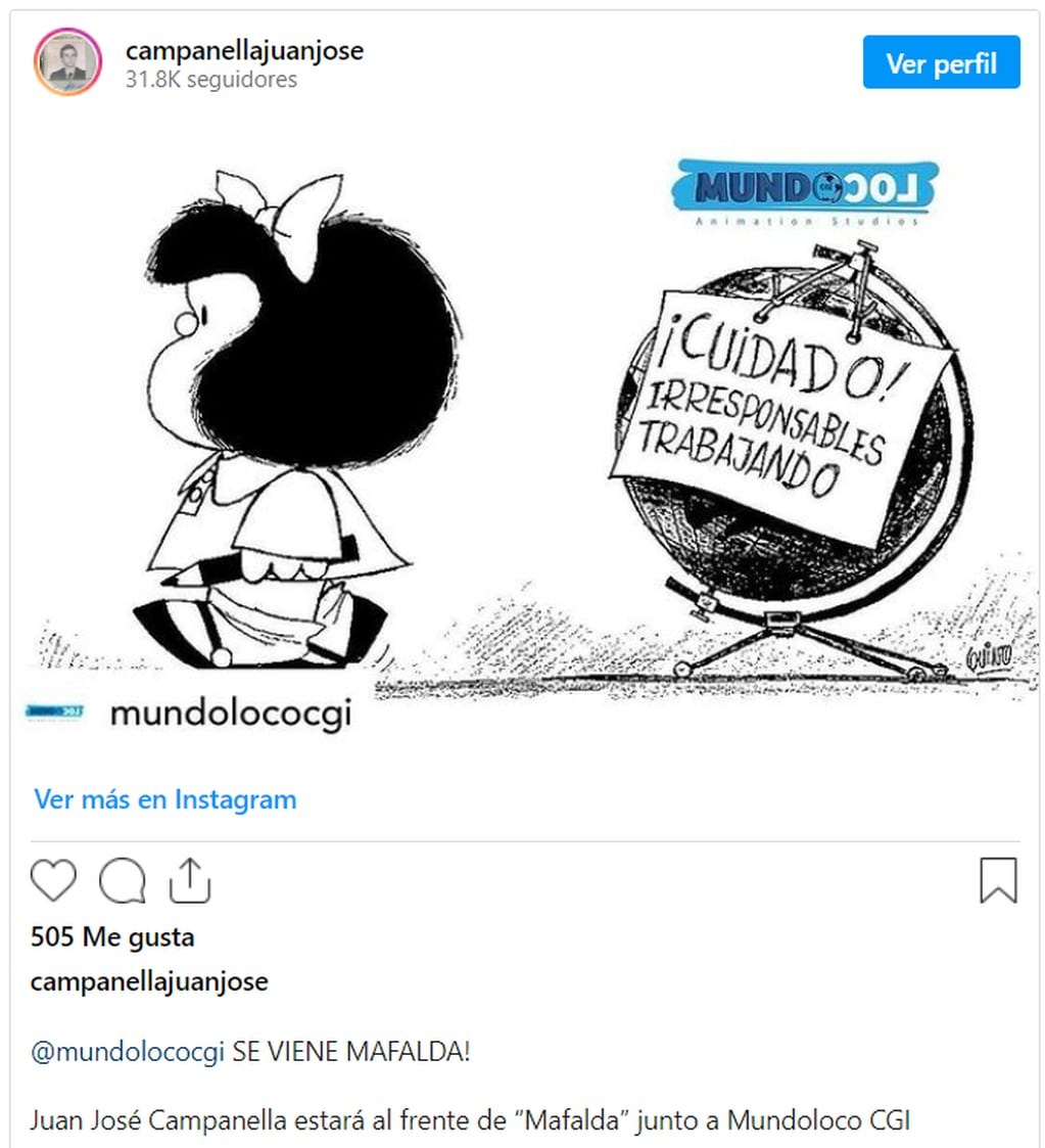 El posteo de Campanella sobre su nuevo proyecto animado: Mafalda. Captura: Instagram / @campanellajuanjose