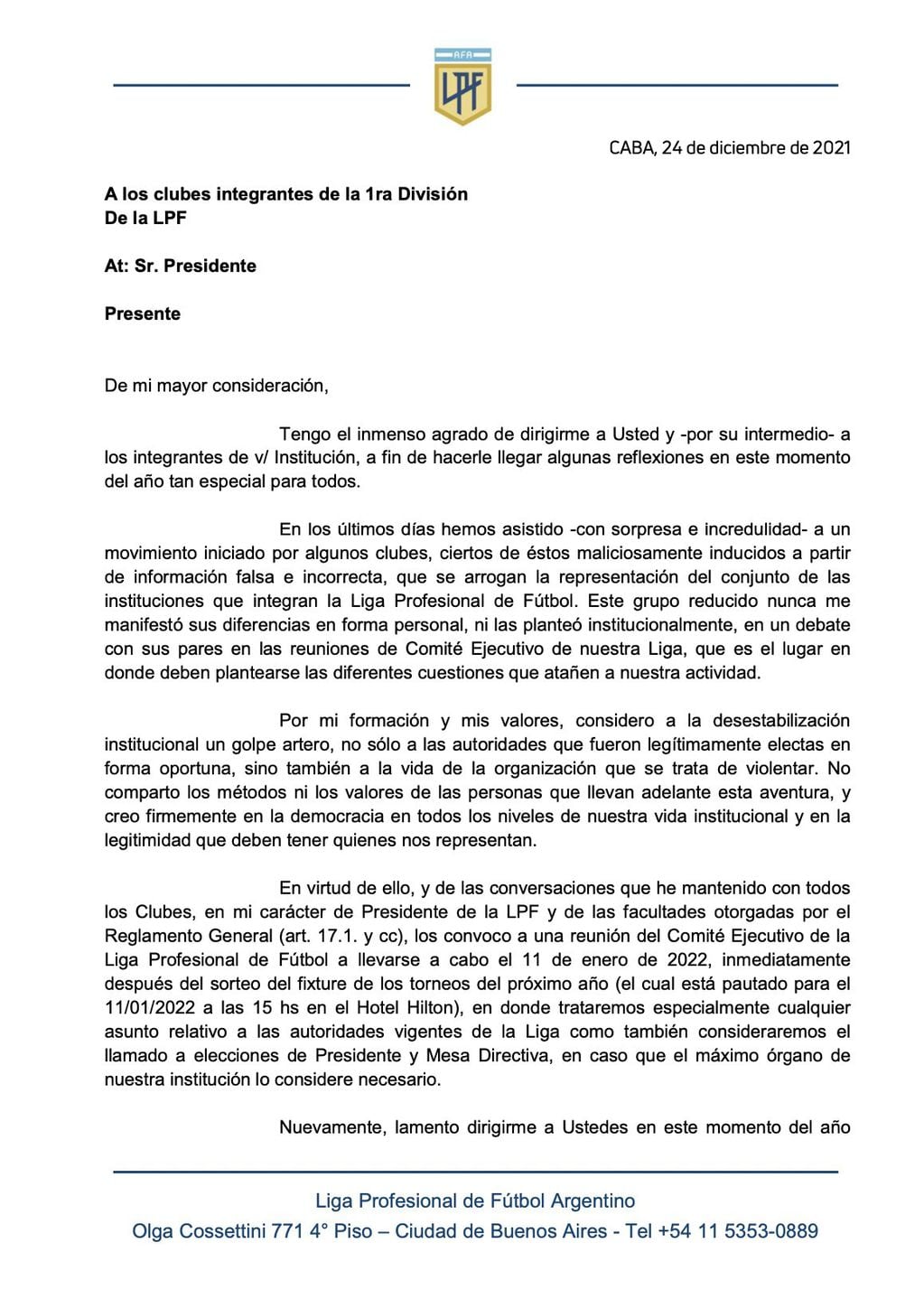 Carta de Marcelo Tinelli. / Gentileza.