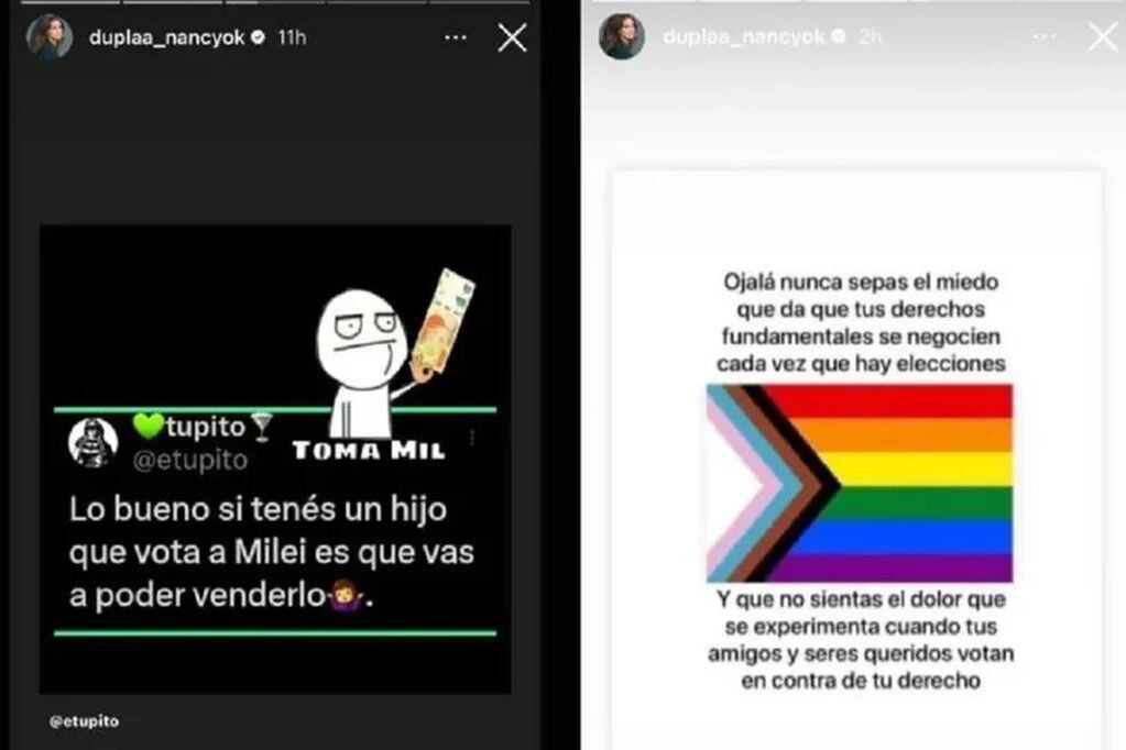 Las historias en Instagram de Nancy Dupláa contra Javier Milei.