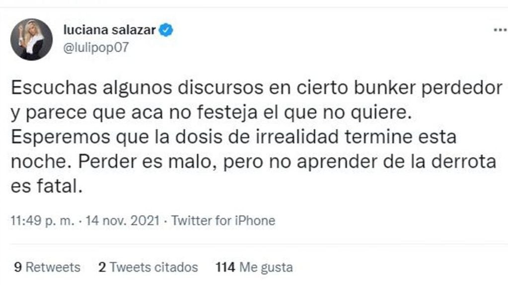 Luciana Salazar volvió a publicar tuits políticos durante este domingo de elecciones
