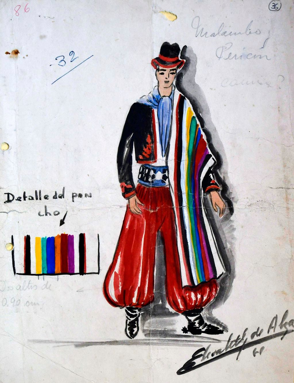 Otro boceto original de la diseñadora Elizabeth Hradil Pol de Alza de la Fiesta de la Vendimia 1961, (donde destaca el traje del cuadro de malambo y pericón, donde se destaca a la izquierda detalle de los colores del poncho).
