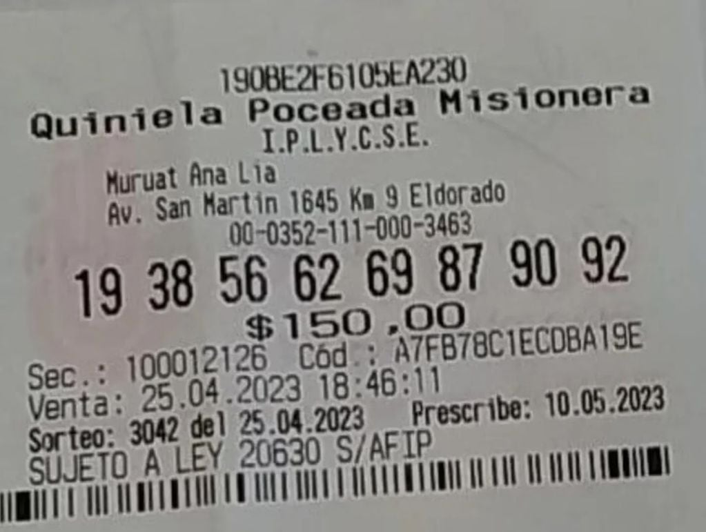 El ticket ganador de los 36 millones de pesos. Gentileza: TN.