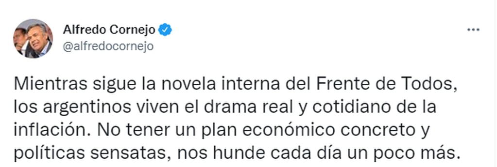 Alfredo Cornejo criticó al Gobierno nacional por la inflación