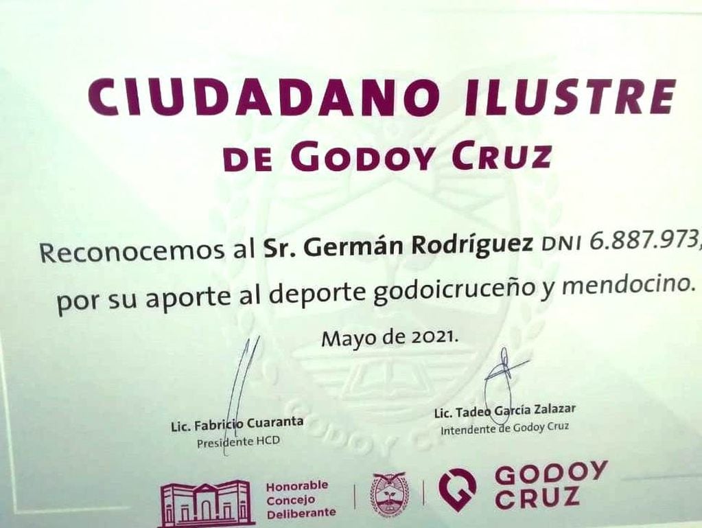 Germán Rodríguez, Ciudadano ilustre de Godoy Cruz. / Gentileza.