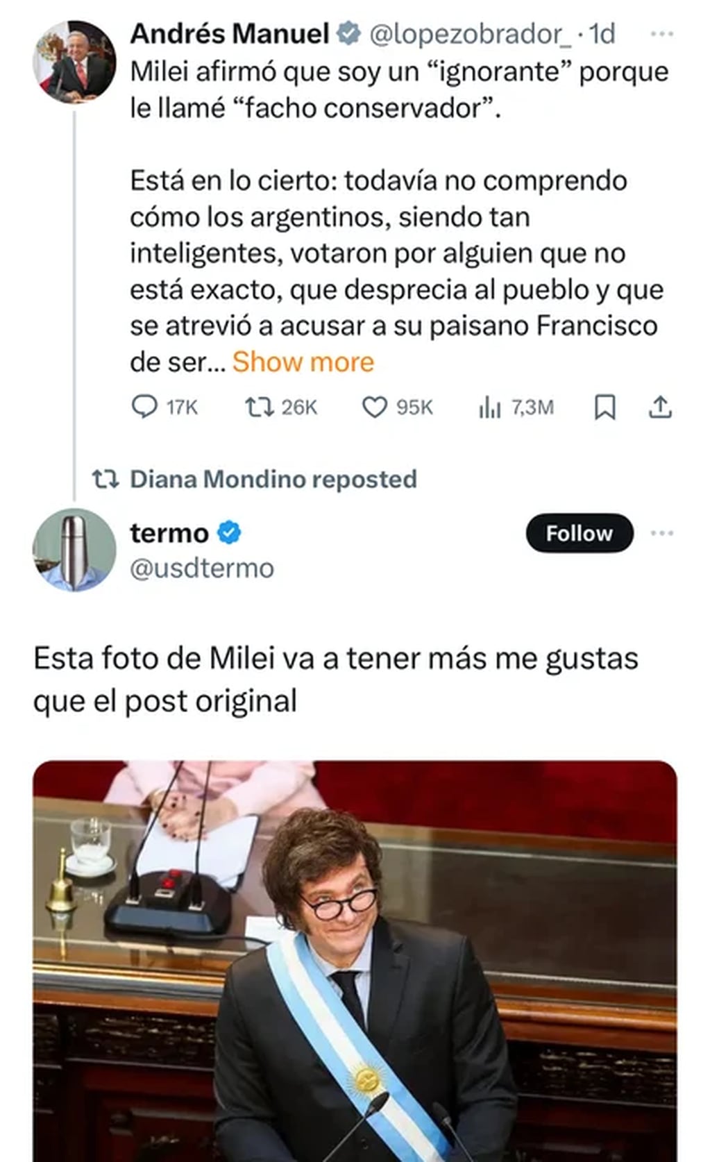 Diana Mondino avaló un tweet en contra del presidente de México. Gentileza: Captura X.