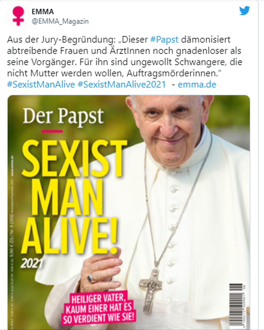 Nota sobre el Papa Francisco de la revista feminista de Alemania "Emma"