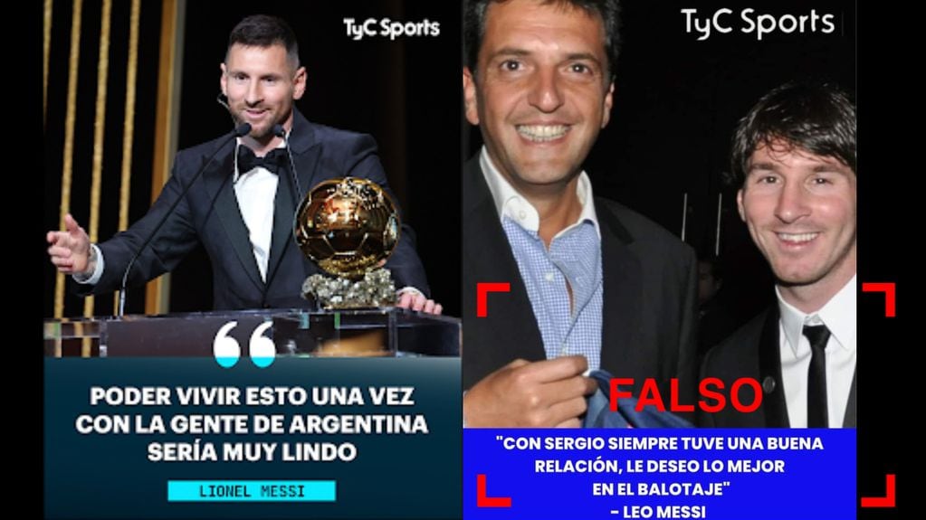 A la izquierda, una publicación real de la cuenta de Instagram de TyC Sports con una cita de Lionel Messi. A la derecha, la placa falsa viralizada. (Reverso)