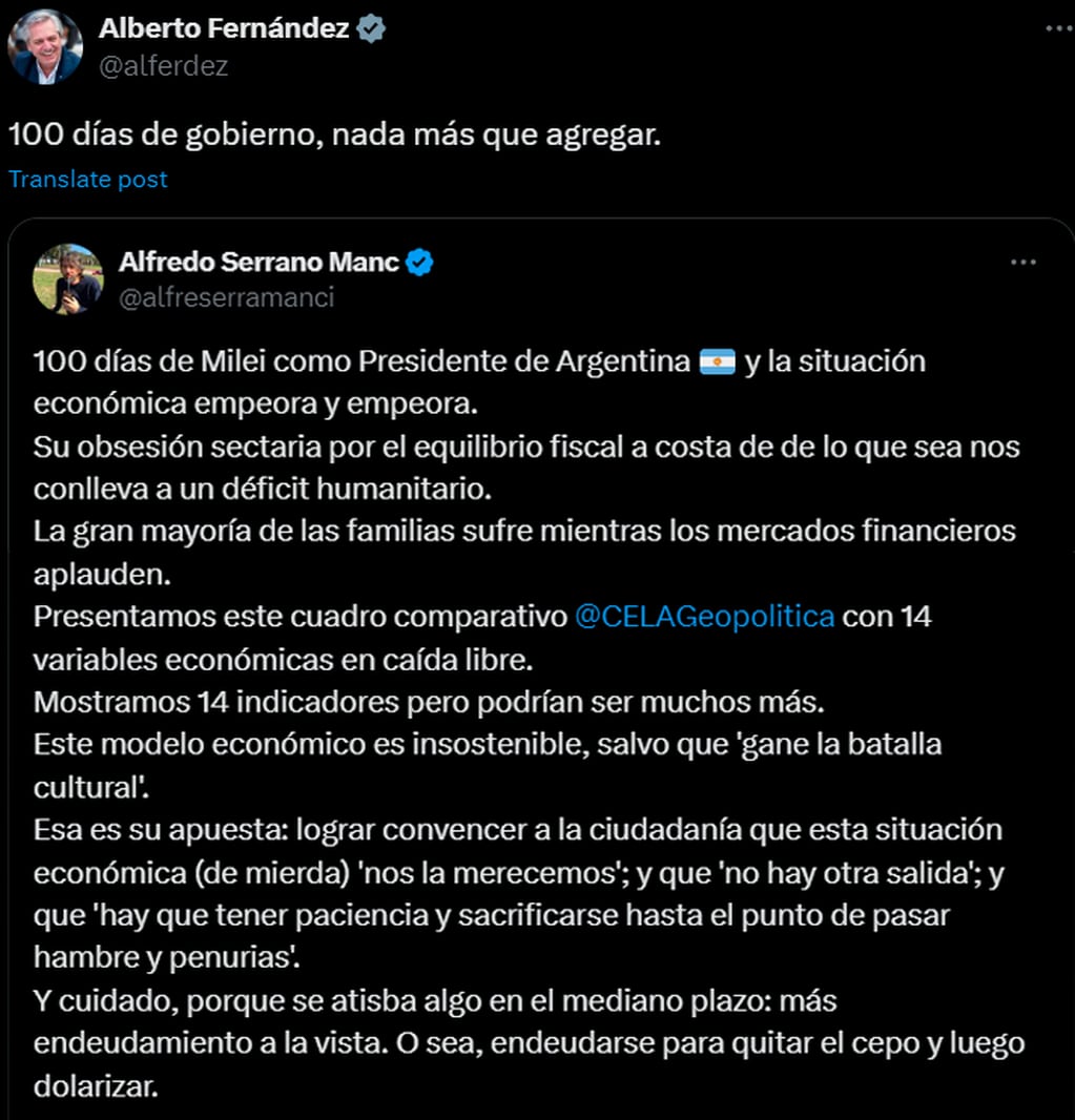 El posteo de Alberto Fernández cuestionando el gobierno de Javier Milei. Captura: X / @alferdez