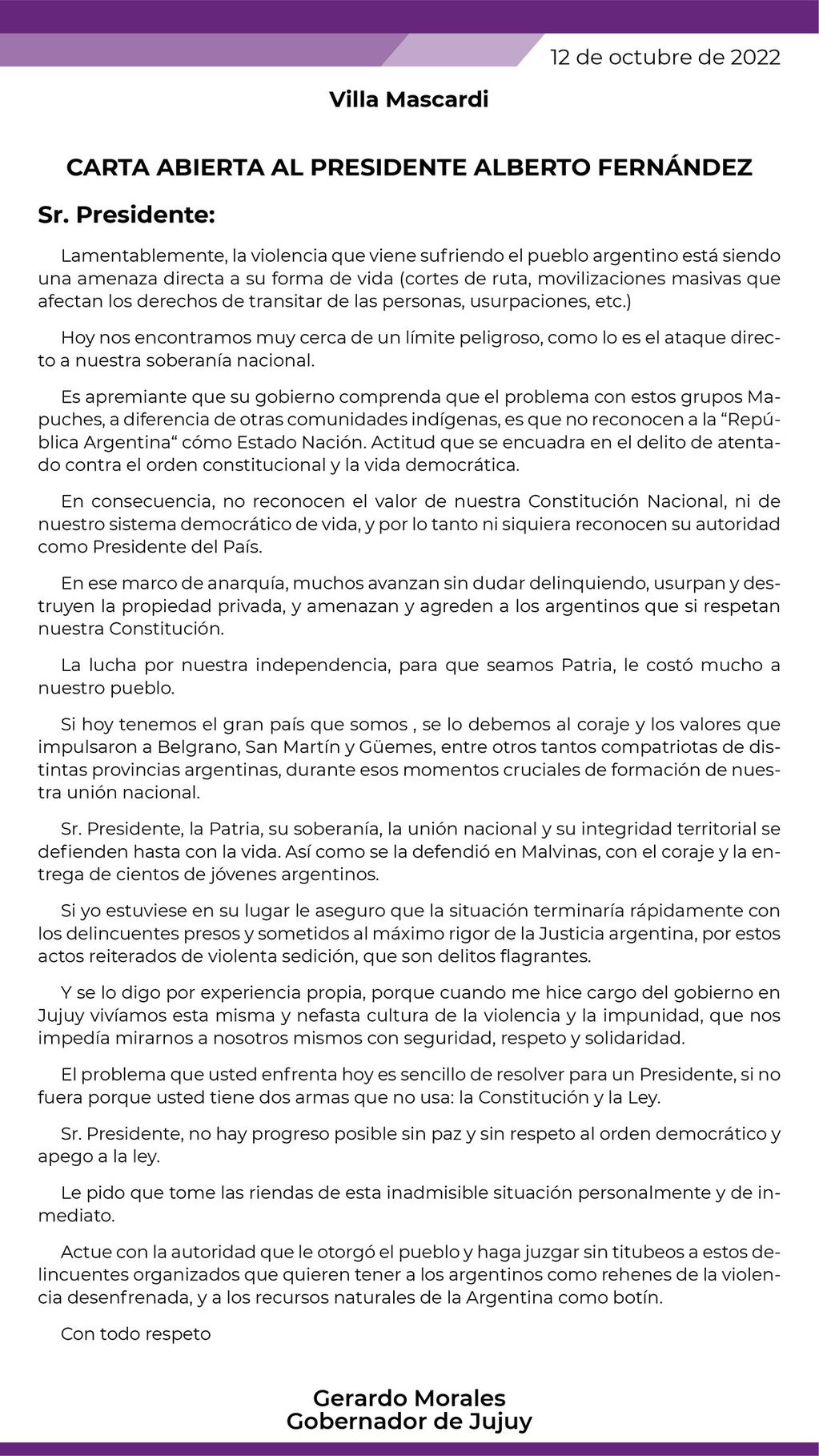 La carta pública de Gerardo Morales. Foto: Web