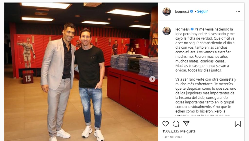 Lio se despidió a Suárez en una publicación de Instagram.