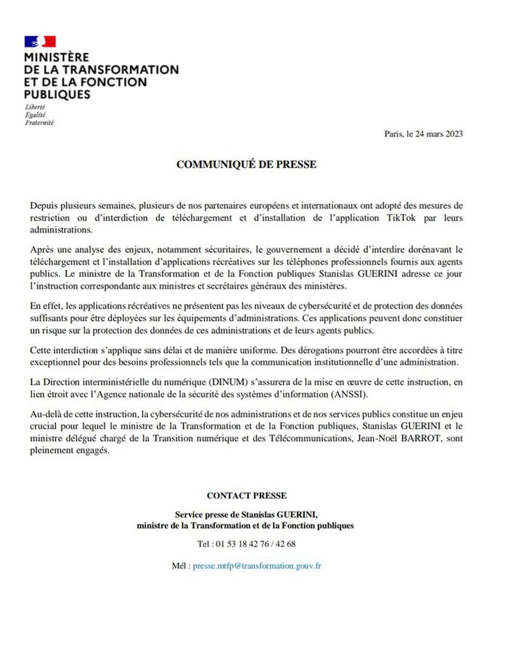 Comunicado de prensa sobre la prohibición de TikTok en Francia. Foto: Twitter/@jnbarrot