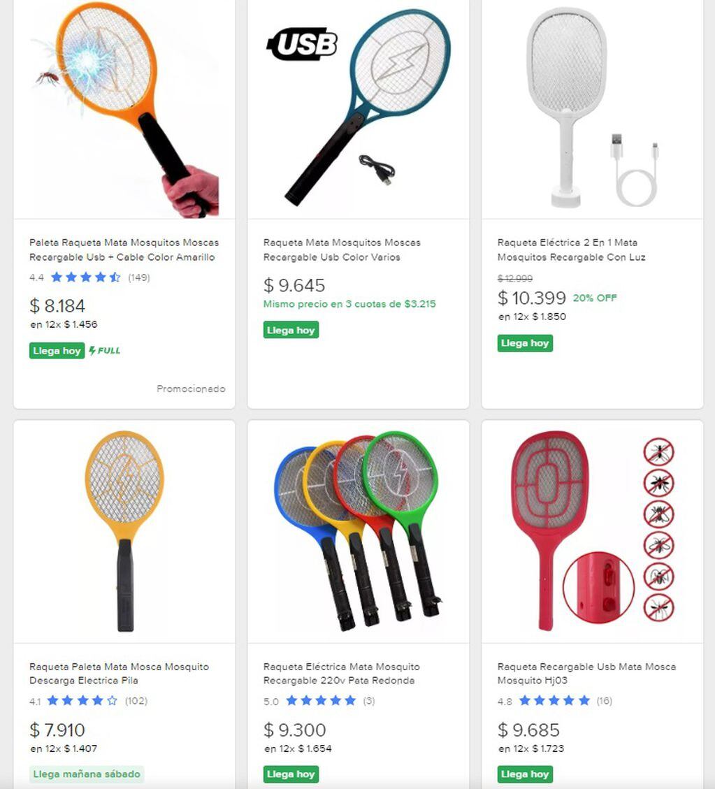 Precios de las raquetas eléctricas matamosquitos (Mercado Libre)