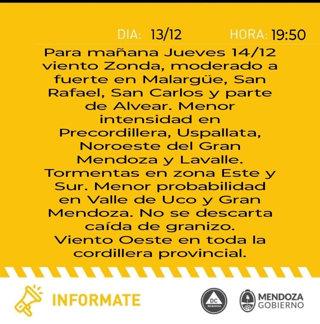 Alerta amarilla por Zonda de Defensa Civil para el jueves 14/12.