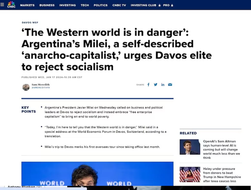 Así reflejaron los medios internacionales el discurso de Javier Milei en Davos - CNBC
