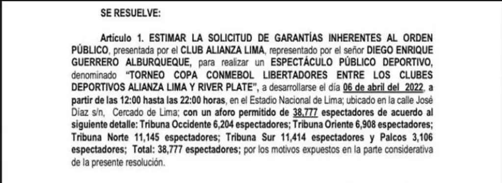 Documento que garantiza la seguridad policial en el partido de Alianza Lima y River, por la fecha 1 de la Copa Libertadores.