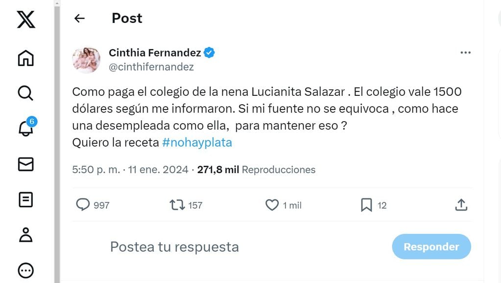 Cinthia Fernández filtró cuánto abonaría Salazar por el colegio de su hija, Matilda Salazar. Captura de pantalla.