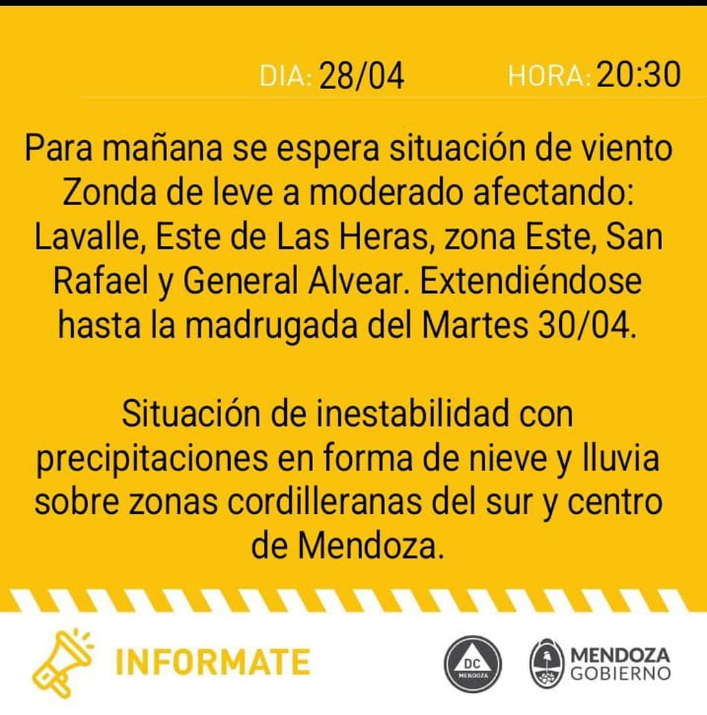 Alerta amarilla por Zonda en Lavalle, Este de Las Heras, zona Este, San Rafael y General Alvear. Fuente: Defensa civil