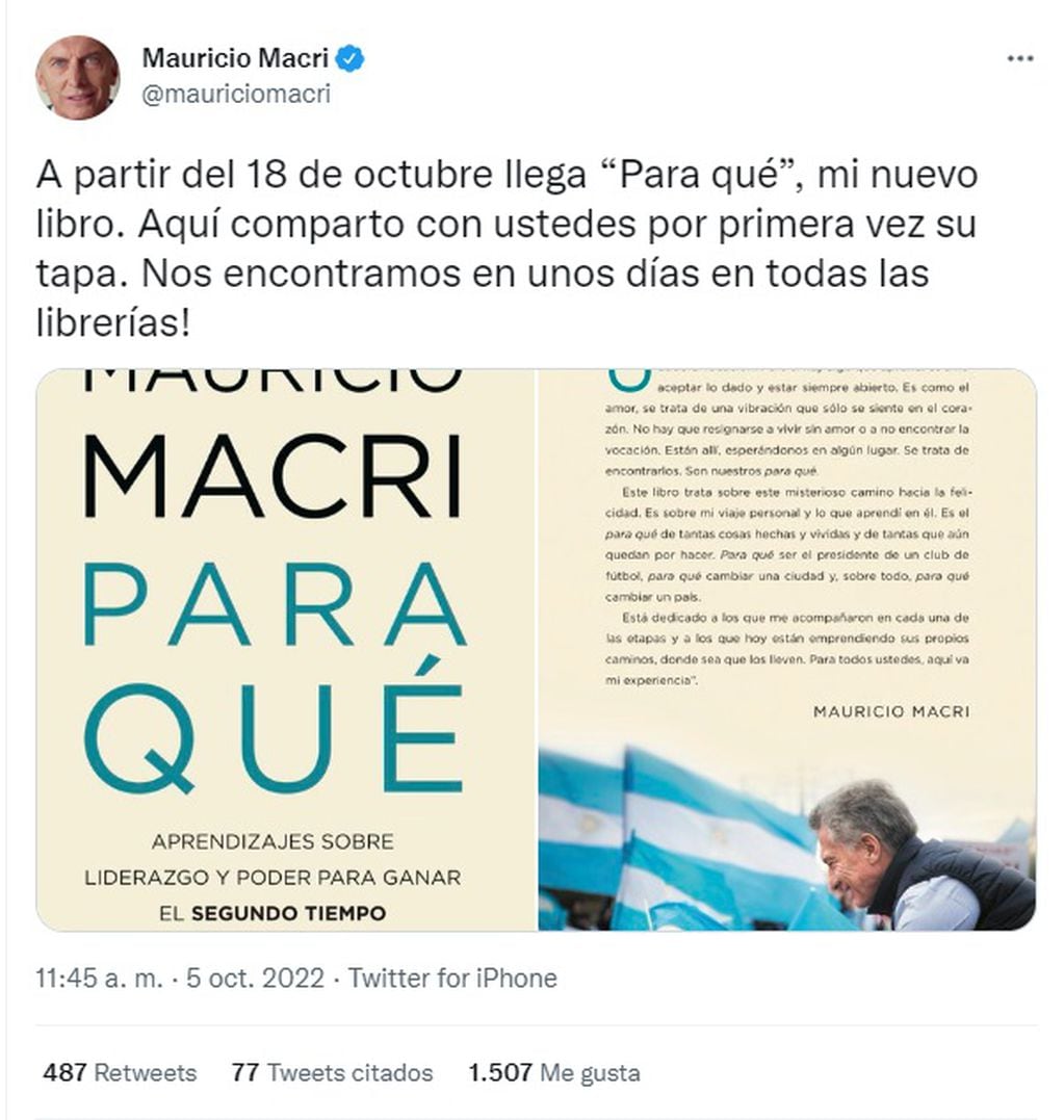 Mauricio Macri anunció su segundo libro. Se titula "Para qué". (Twitter)