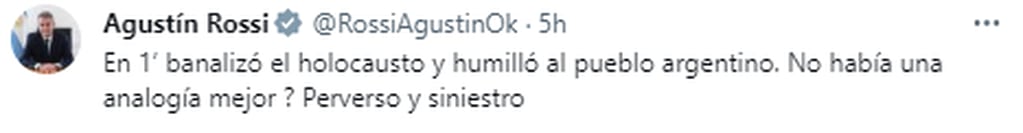 El repudio de Agustín Rossi sobre los dichos de Martín Krause. Gentileza: Captura X @RossiAgustinOk.