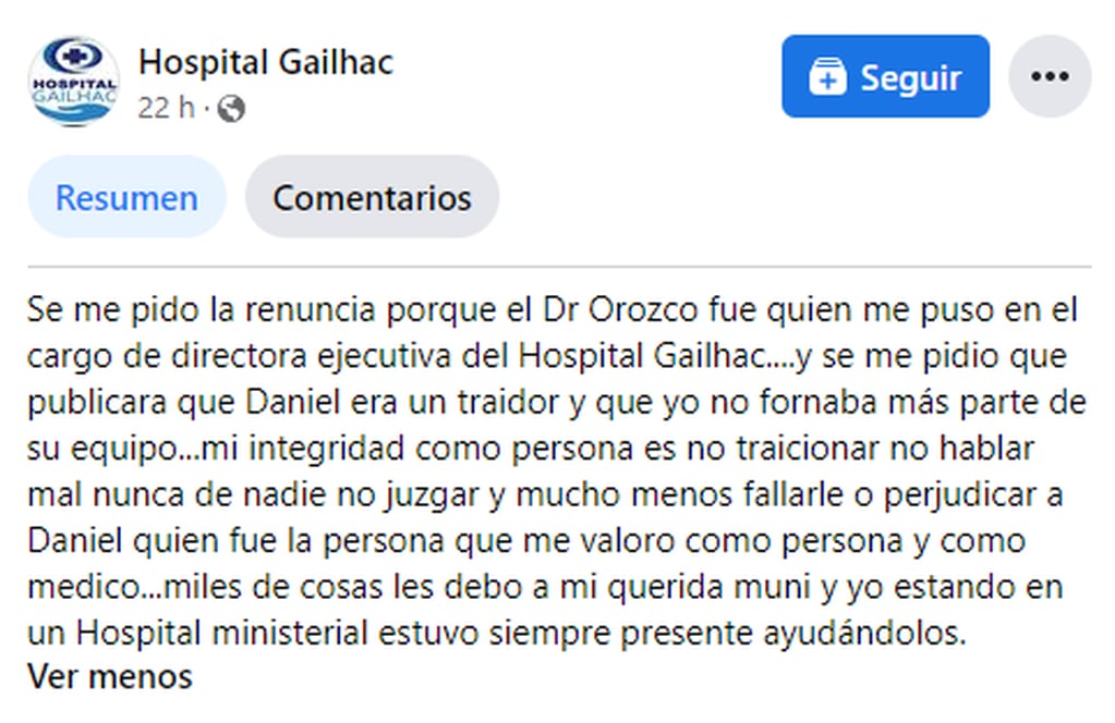 En el perfil de Facebook del Hospital Gailhac apareció un descargo por la salida de la directora.