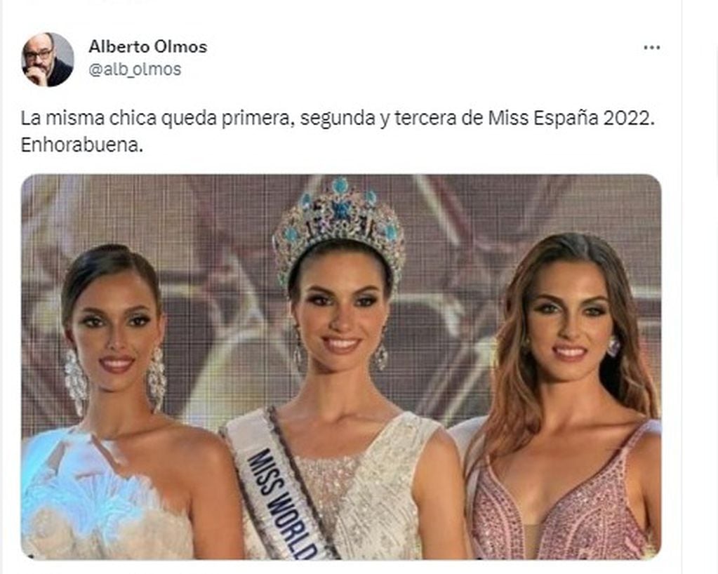 El periodista Alberto Olmos felicitó a una joven modelo a través de Twitter por ganar el primer, segundo y tercer lugar de un concurso de belleza. 