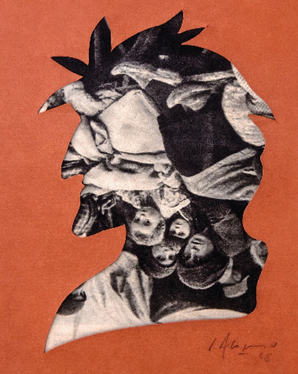 Una figura que se repite es el perfil de Dante, intervenido de diferentes formas como este collage.