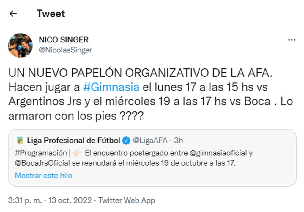 Generó polémica la programación de Gimnasia de La Plata vs. Boca.