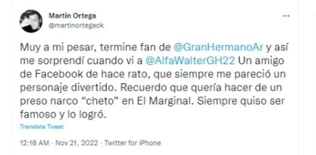Tuit de Martin Ortega sobre Alfa de Gran Hermano