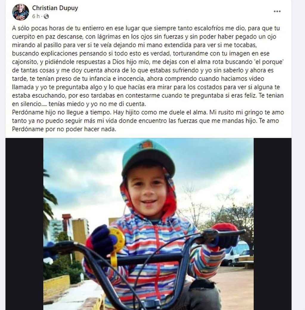 La carta de despedida que publicó Christian Dupuy, papá de Lucio, en Facebook 