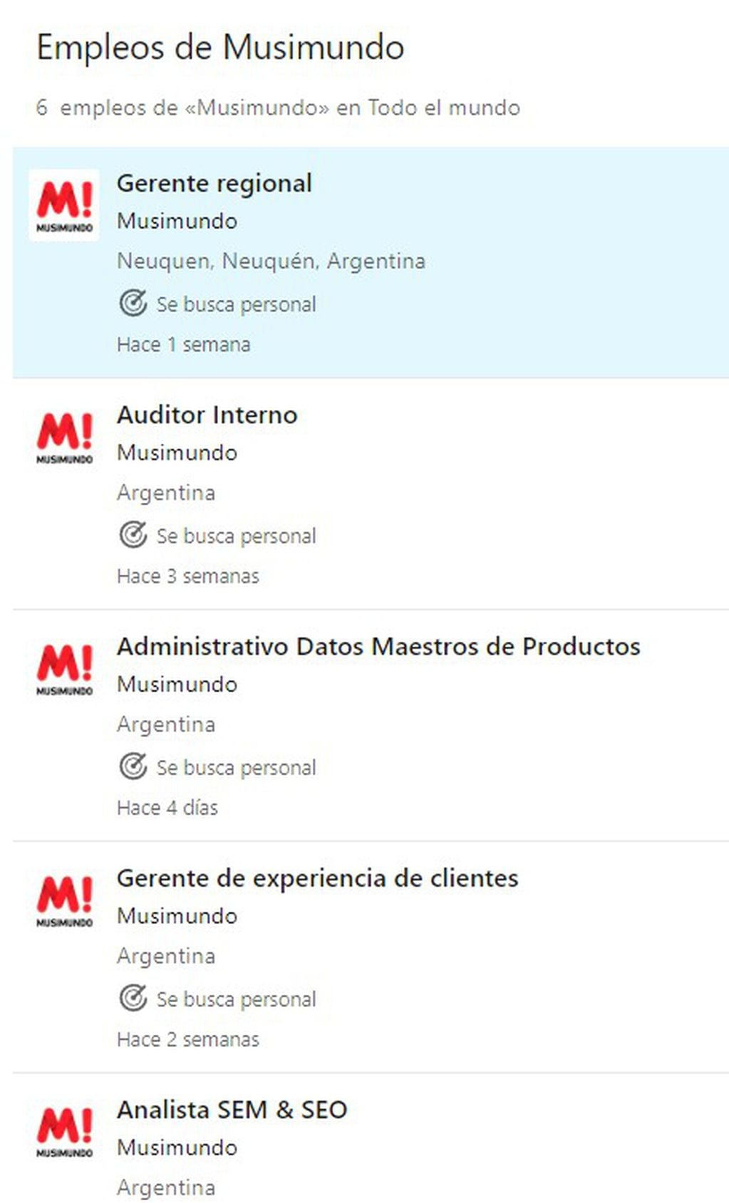 Algunos empleos que figuran en LinkedIn. Foto: captura de pantalla.