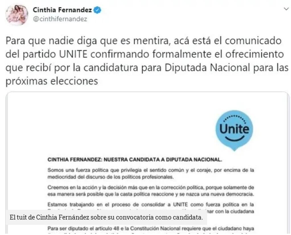 El tuit de Cinthia Fernández sobre su convocatoria como candidata