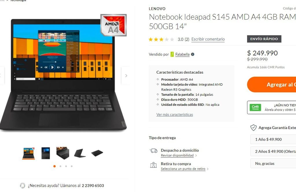 Precio notebook Lenovo (Falabella Chile) 