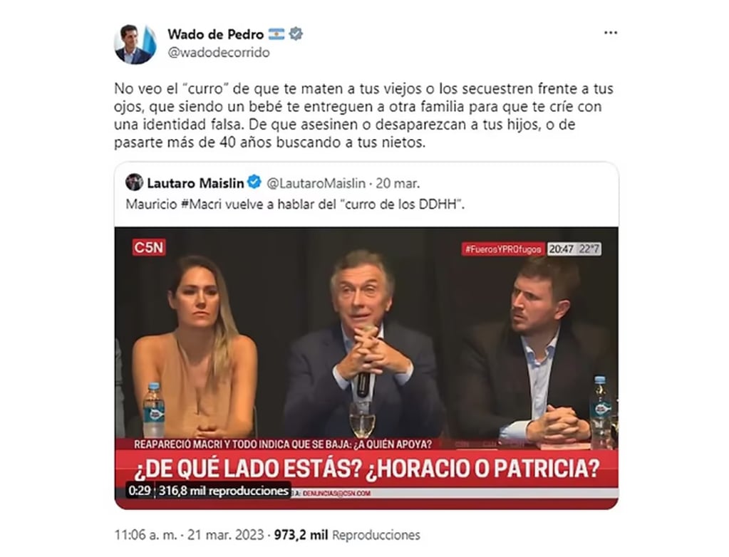 La respuesta de De Pedro a Macri luego de que este dijera que lucharía contra el "curro de los Derechos Humanos". Foto: Captura Twitter.