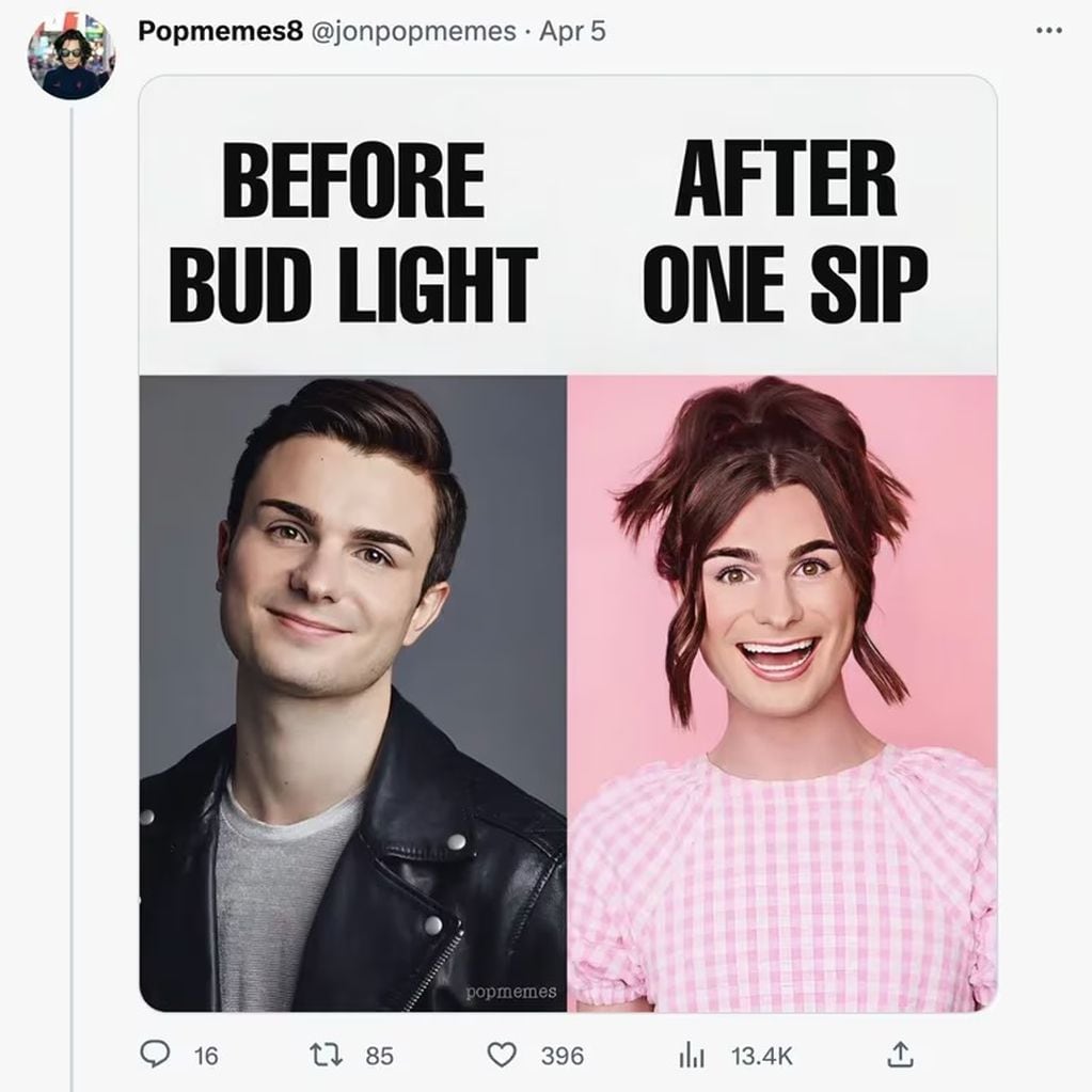 "Antes de Bud Light. Después de un sorbo": uno de los memes discriminatorios más populares. Gentileza: Infobae.