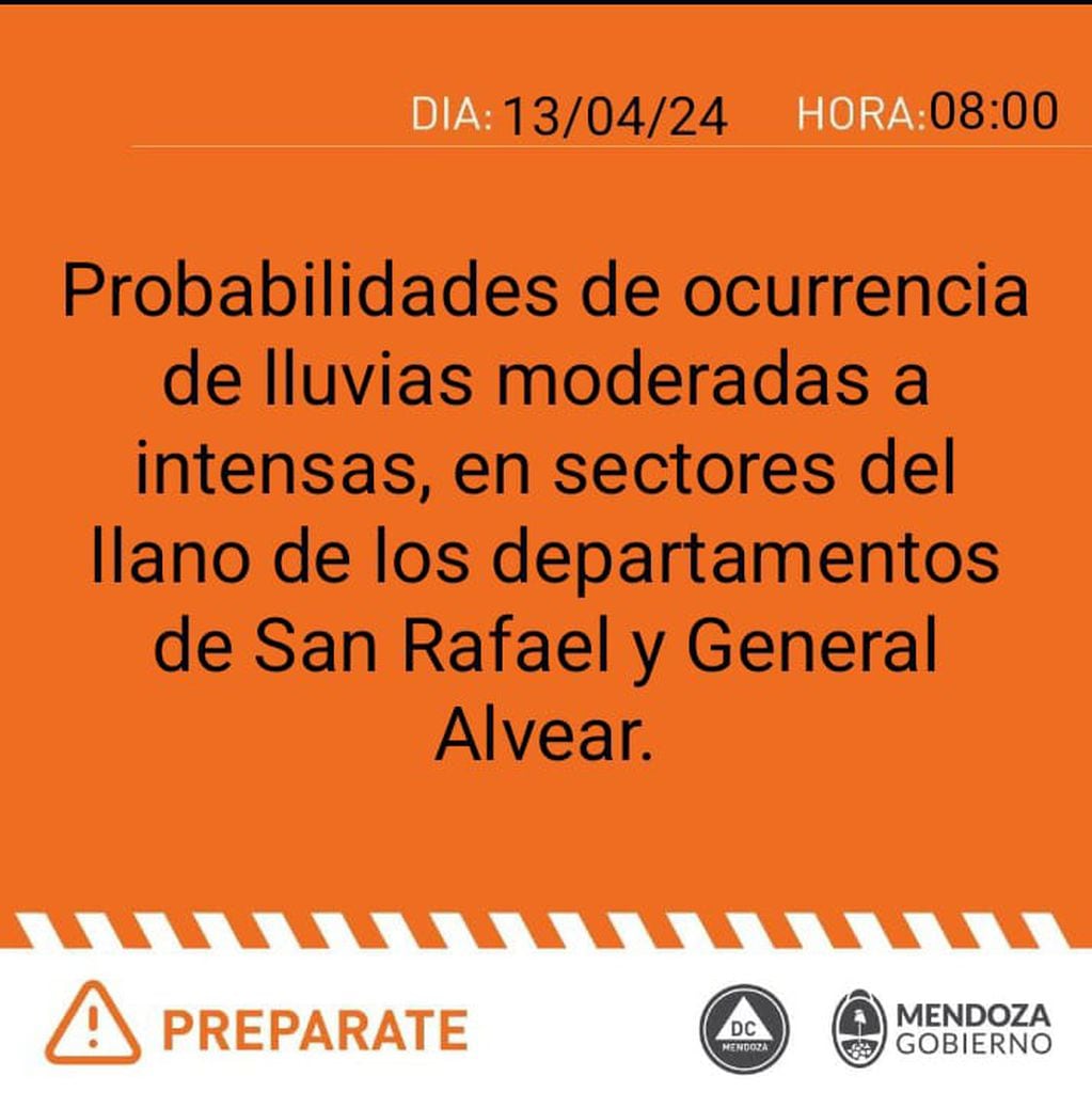 Alerta en San Rafael y General Alvear. Imagen: Defensa Civil